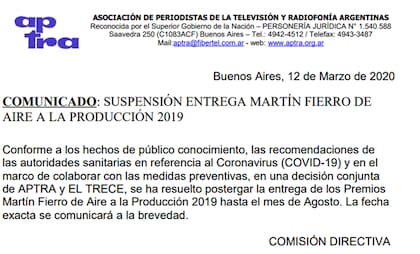 A través de un comunicado, Aptra dio a conocer la suspensión de la entrega de los premios Martín Fierro 2020 por la pandemia de coronavirus