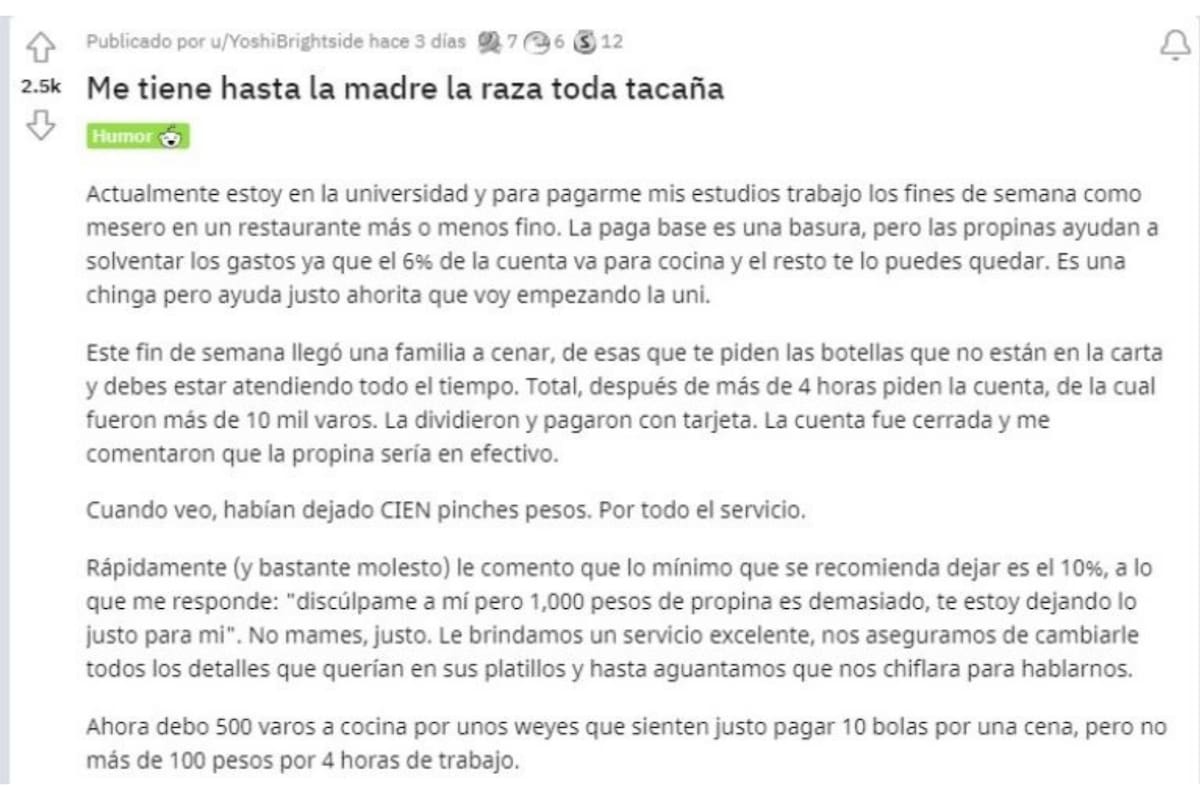 A través de una publicación en reddit, el mozo contó la historia