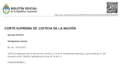 A través del decreto 83/2015, Macri designó a Rosatti y Rosenkrantz en el máximo tribunal