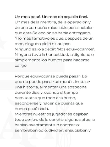 A un mes de la final del Mundial: la carta de Tapia en defensa de los jugadores.