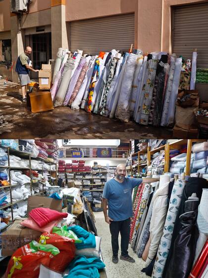A una semana de las inundaciones, Ariel Miguel pone en condiciones su mercería para volver a proveer a sus clientes; el lunes hará un remate de telas y productos que quedaron afectados por el temporal