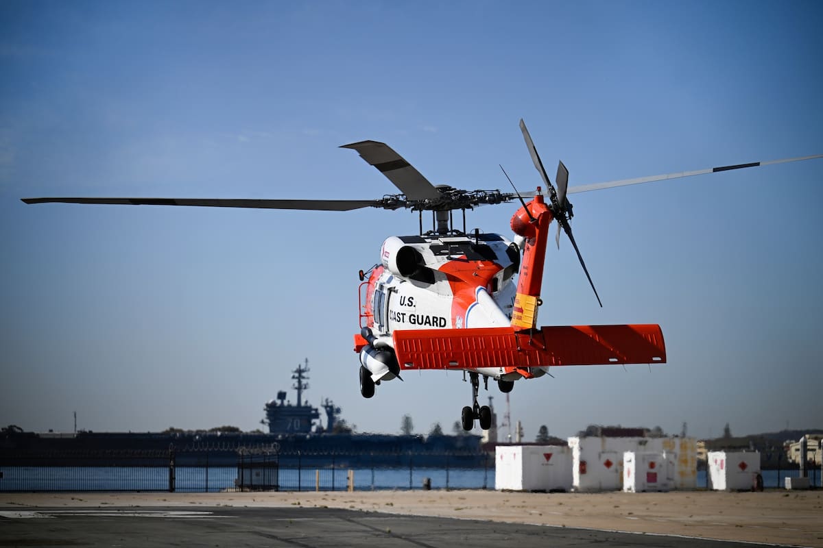 A U.S. Coast Guard helicopter lifts off at Coast Guard Station San Diego, Friday, Oct. 16, 2026, in