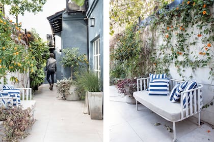 A veces es cuestión de sumar algunas macetas y un banco o sillón de exteriores para armar un pequeño living al aire libre.