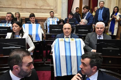 Abdala y otros senadores libertarios, con camisetas argentinas en el recinto.