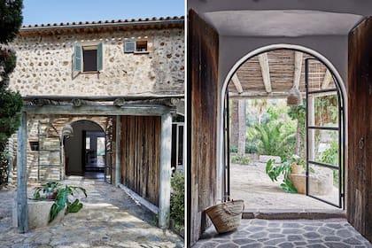 La canasta de compras con correas de cuero (izq.) es típica de Mallorca, y no hay quien no tenga una en la isla. La pantalla colgante también es de cestería local.
