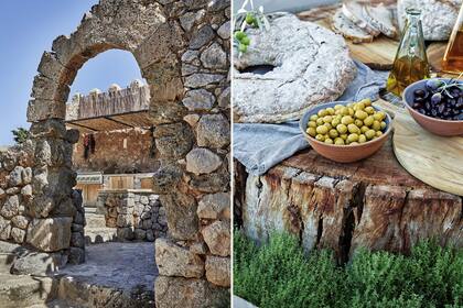 La parrilla y el comedor al aire libre están entre la casa principal y la de huéspedes y lindan con el viejo monasterio, al que originalmente pertenecían estas paredes de Piedra.
