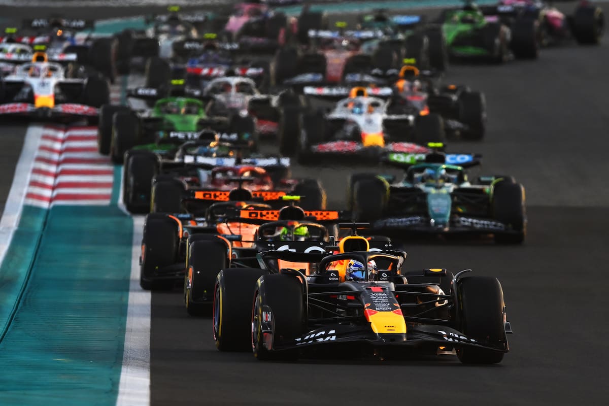 ABU DHABI, UNITED ARAB EMIRATES - DECEMBER 07: Max Verstappen of the Netherlands driving the (1) Oracle Red Bull Racing RB21 leads the field at the start during the F1 Grand Prix of Abu Dhabi at Yas Marina Circuit on December 07, 2025 in Abu Dhabi, United Arab Emirates. (Photo by Rudy Carezzevoli/Getty Images)