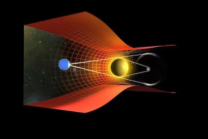 Acá se observa el fenómeno donde la esfera azul representa a la Tierra y la anaranjada a una galaxia cercana que se encuentra bien alineada con la galaxia espiral más lejana. Crédito: NASA/ESA/J. Richard (Caltech)