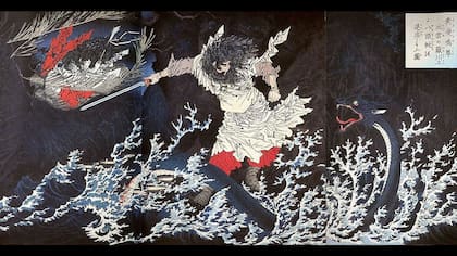 Representación de Susanoonomikoto, hermano de la reina sol Amaterasu, en la crónica que cuenta el origen de esta bebida sagrada.