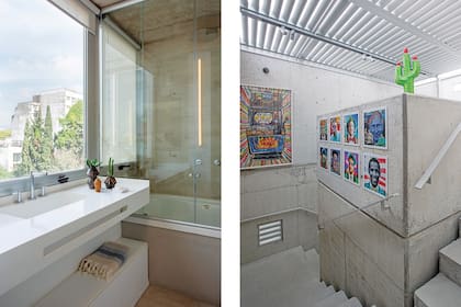 Acompañando la escalera que conduce a la pileta, retratos de Chapete César y obra de Elisa Insúa iluminados con rieles y spots (Concepto y Luz).