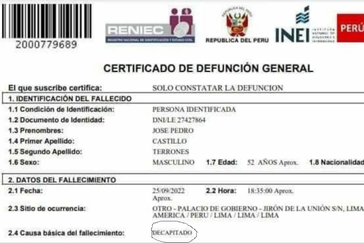 "Acta de defunción", del presidente Castillo, "decapitado"