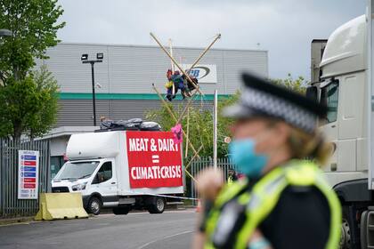 Activistas de Animal Rebellion suspendidos sobre una estructura de bambú y subidos a un camión, son controlados por la policia durante una protesta en el exterior de un centro de distribución de McDonald's en Hemel Hempstead, England, Inglaterra, el 22 de mayo de 2021. (Yui Mok/PA via AP)