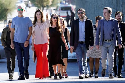 Actors Dario Grandinetti and Andrea Frigerio, producer Barbara Sarasola-Day, director Benjamin Naishtat and actor Alfredo Castro arrive to a photocall to promote the Official Selection feature film "Rojo" at the San Sebastian Film Festival, Spain, September 23, 2018. REUTERS/Vincent West