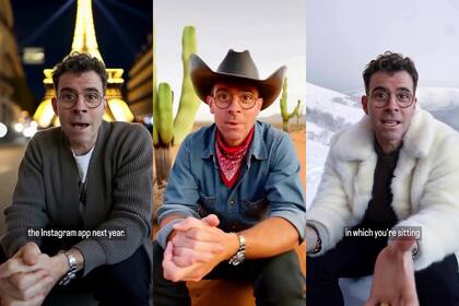 Adam Mosseri, el CEO de Instagram, con tres atuendos y fondos generados por IA en un mismo video