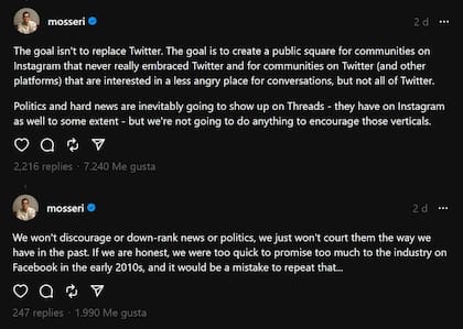 Adam Mosseri, el CEO de Instagram, dice que Threads busca ser una alternativa a Twitter donde el comentario político tenga una presencia menor