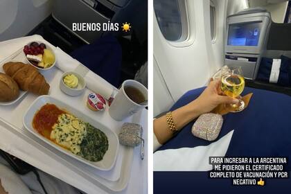 Además de mostrar el menú que recibió en el avión, Evangelina fue explicando en sus historias los requisitos para ingresar a Argentina