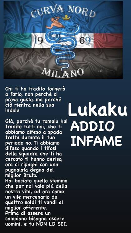 "Adiós, infame": el condenatorio mensaje de los ultras de Inter a Lukaku, que estaba negociando un posible pase a Juventus.