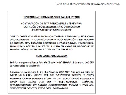 Adjudicación de Trenes Argentinos a OCP Tech, decidida el 14 de mayo de 2025