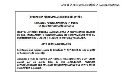 Adjudicación de Trenes Argentinos a OCP Tech, decidida el 30 de julio de 2025