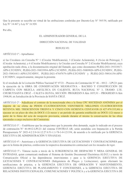 Adjudicación Ruta 5