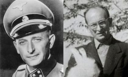 Adolf Eichmann joven. Al lado, un retrato de edad avanzada sosteniendo uno de los conejos de su criadero familiar.