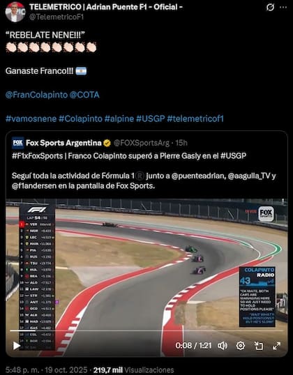 Adrián Puente celebró el sobrepaso de Colapinto a Gasly en la vuelta 53 del Gran Premio de Estados Unidos