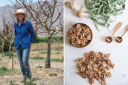 Adriana Barreda, emprendedora incansable, está al frente de su plantación de nogales para aceite, que se complementa con los cultivos de cedrón y romero y el BB (izquierda).Nueces y cedrón, los dos productos fuertes de Santana (derecha).