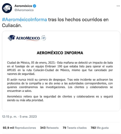 Aeroméxico confirma el impacto de bala en un avión comercial