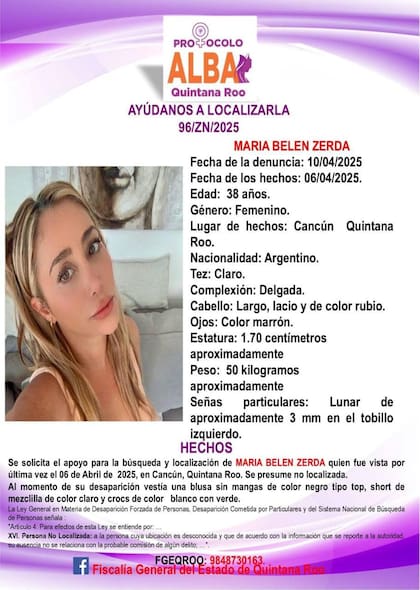 Afiche de búsqueda difundido por la Fiscalía de Quintana Roo con los datos físicos y la última vestimenta conocida de María Belén Zerda, la turista argentina desaparecida en Cancún el 6 de abril