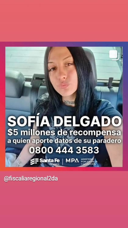 Afiche de la recompensa por datos que conduzcan a esclarecer la desaparición de Sofía Delgado en Santa Fe