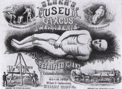 Afiche de promoción del gigante petrificado de Cardiff, un hallazgo que revolucionó a los Estados Unidos