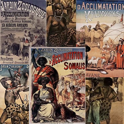 Afiches de las exposiciones de nubios (1877), calmukos 1883) y somalis (1890) en el Jardin Zoologique d'Acclimatation de París, con detalles del póster de la de ashantis (1887).
Foto: Biblioteca nacional de Francia