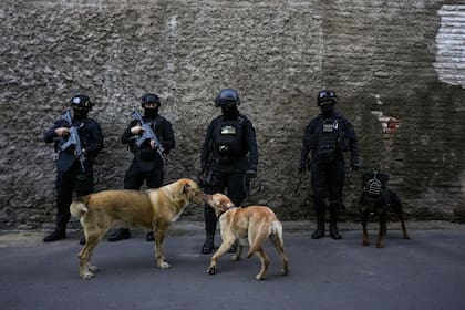 Agentes de la Policía Nacional hacen guardia previo a una conferencia de prensa sobre la extradición desde Estados Unidos de miembros de la pandilla Tren de Aragua y su llegada a una penitenciaría de máxima seguridad en Santiago, Chile, el miércoles 1 de octubre de 2025. (AP Foto/Esteban Félix)