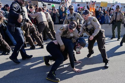 Agentes de policía del condado de Cook detienen a un manifestante fuera de una instalación de procesamiento del ICE, el viernes 14 de noviembre de 2025, en Broadview, Illinois. (AP Foto/Nam Y. Huh)