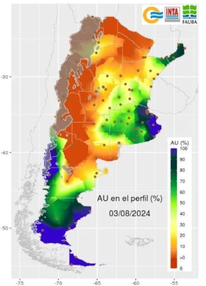 Agua útil (AU) disponible en el perfil del suelo. Es la lámina de agua aprovechable por los cultivos hasta un metro de profundidad