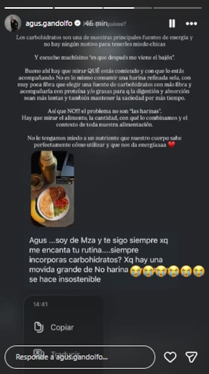 Agus Gandolfo le respondió a una seguidora que le preguntó por su ingesta de carbohidratos (Foto: Instagram @agus.gandolfo)