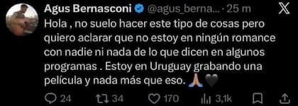 Agustín Bernasconi negó los rumores de romance con Wanda Nara pero luego eliminó el mensaje (Foto: X)