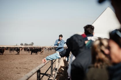 Agustín Fonzo muestra a los jóvenes un corral del feedlot