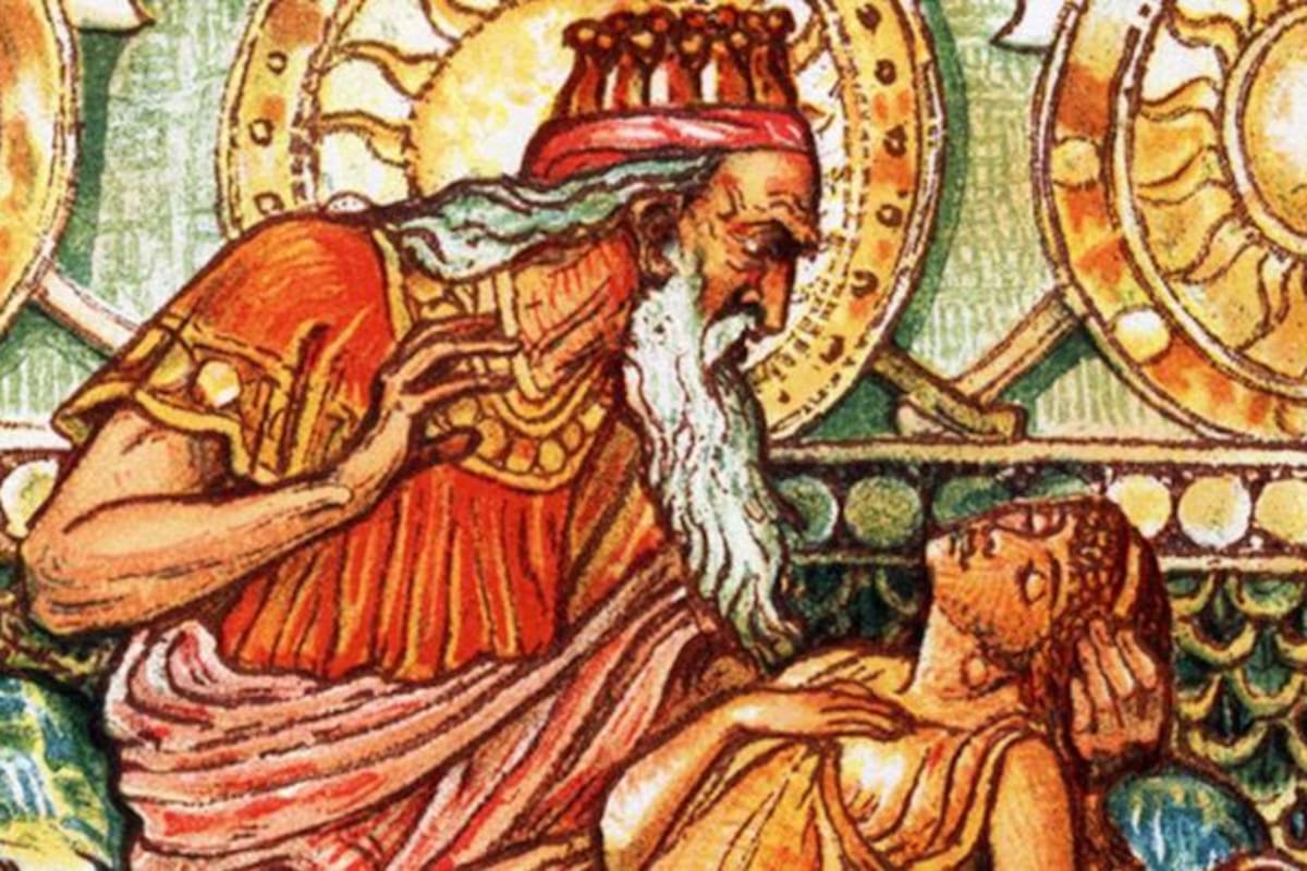 Al abrazar a su hija, el rey Midas se dio cuenta del error que había cometido al pedir su deseo (Ilustración de 1893 de un libro para niños de Nathaniel Hawthorne).