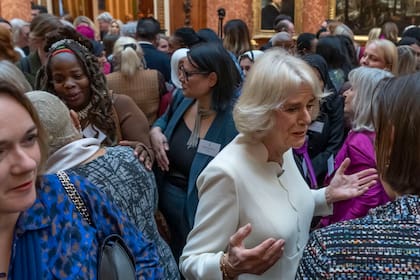 Al centro a la izquierda, Ngozi Fulani, directora de la organización benéfica británica Sistah Space, asiste a una recepción ofrecida por Camila, la reina consorte de Gran Bretaña, en el Palacio de Buckingham, en Londres, el 29 de noviembre de 2022. (Foto AP/Kin Cheung, Pool, Archivo)