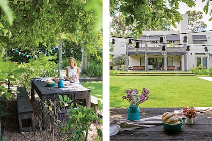 Al fondo del jardín, la mesa de madera es ideal para tomar el té a la sombra.
