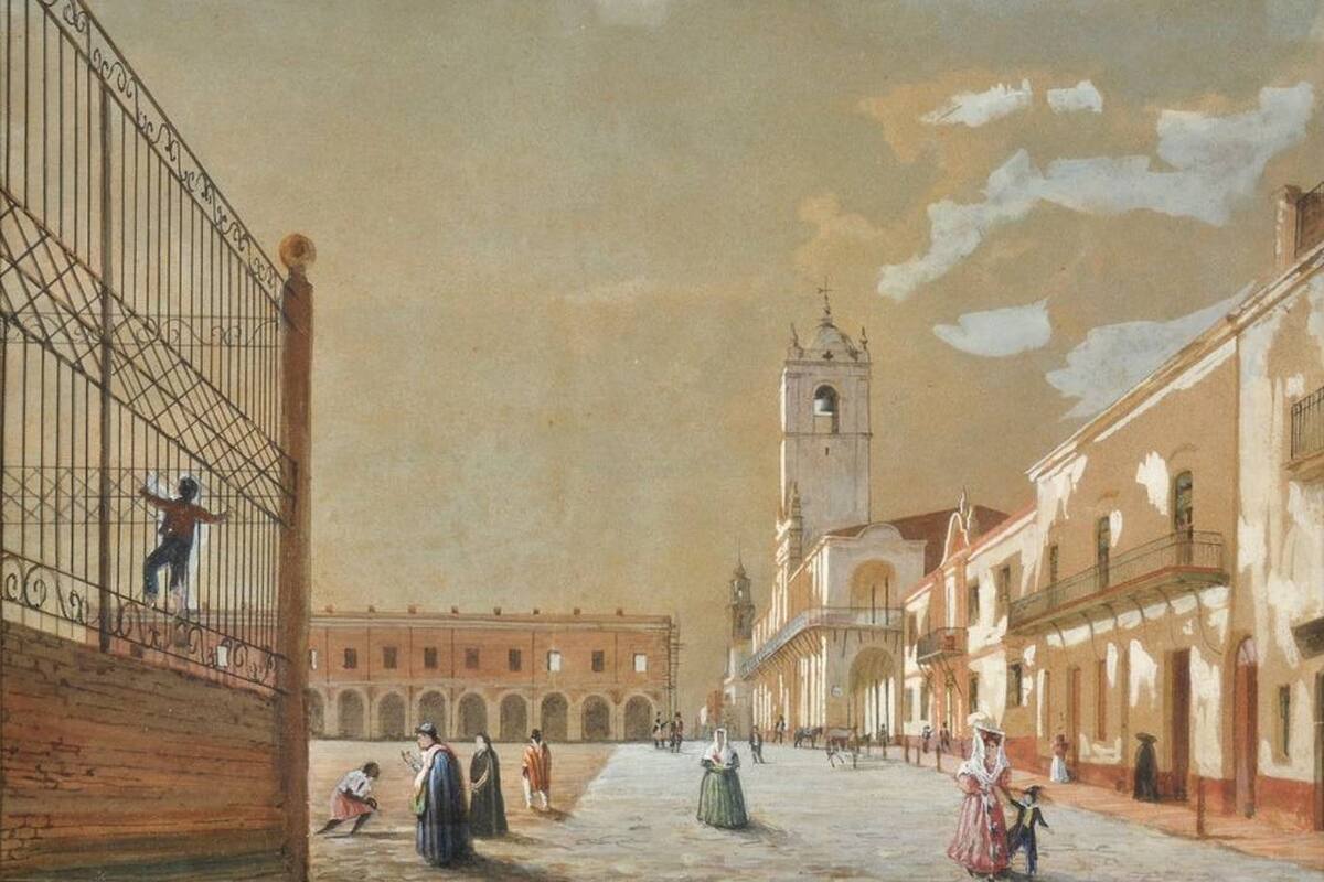 Al fondo, el Cabildo de Buenos Aires y a la derecha de la imagen, los altos de Riglos con su famoso balcón, en una litografía de Carlos E. Pellegrini de 1831