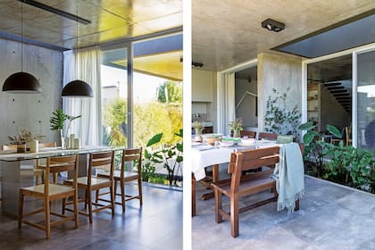 Al margen de iluminar los ambientes, la abertura en el techo permite el libre paso del agua de lluvia al estanque. Peces y plantas, chochos. Sobre la mesa, mantel con raya central (Jengibre Home Kids), bowls y ensaladeras de cerámica (Salmón Tienda).