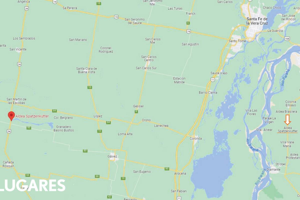 Al oeste, el Spatzenkutter santafesino. Al este, el auténtico poblado entrerriano.