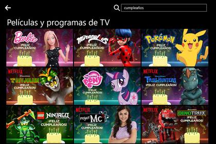 Al realizar una consulta en el buscador con la palabra Cumpleaños, el catálogo de Netflix ofrece los saludos creados por los protagonistas de sus series