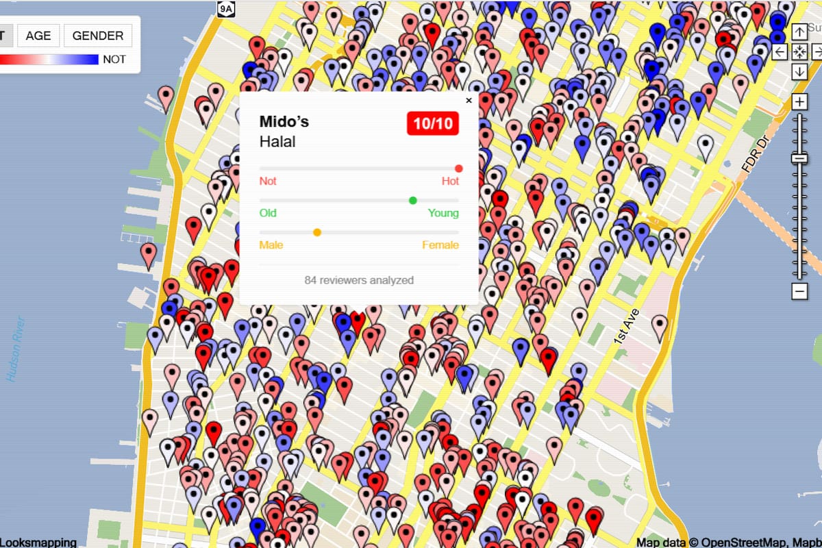 Al seleccionar un restaurante, el mapa te muestra el porcentaje en las tres variables que contempla: edad, género y cuán "ataractiva" es la gente. Crédito: LooksMapping.