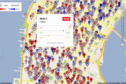 Al seleccionar un restaurante, el mapa te muestra el porcentaje en las tres variables que contempla: edad, género y cuán "ataractiva" es la gente. Crédito: LooksMapping.