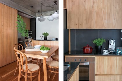 Alacenas, muebles bajo mesada y frentes de la isla revestidos en madera cherry. Mesada de granito ‘Negro Brasil’. Grifería ‘Swing’ (FV). Anafe eléctrico vitrocerámico y horno (Longvie). Cafetera (Nespresso). Macetas y plantas (Otra Sudestada Flores).