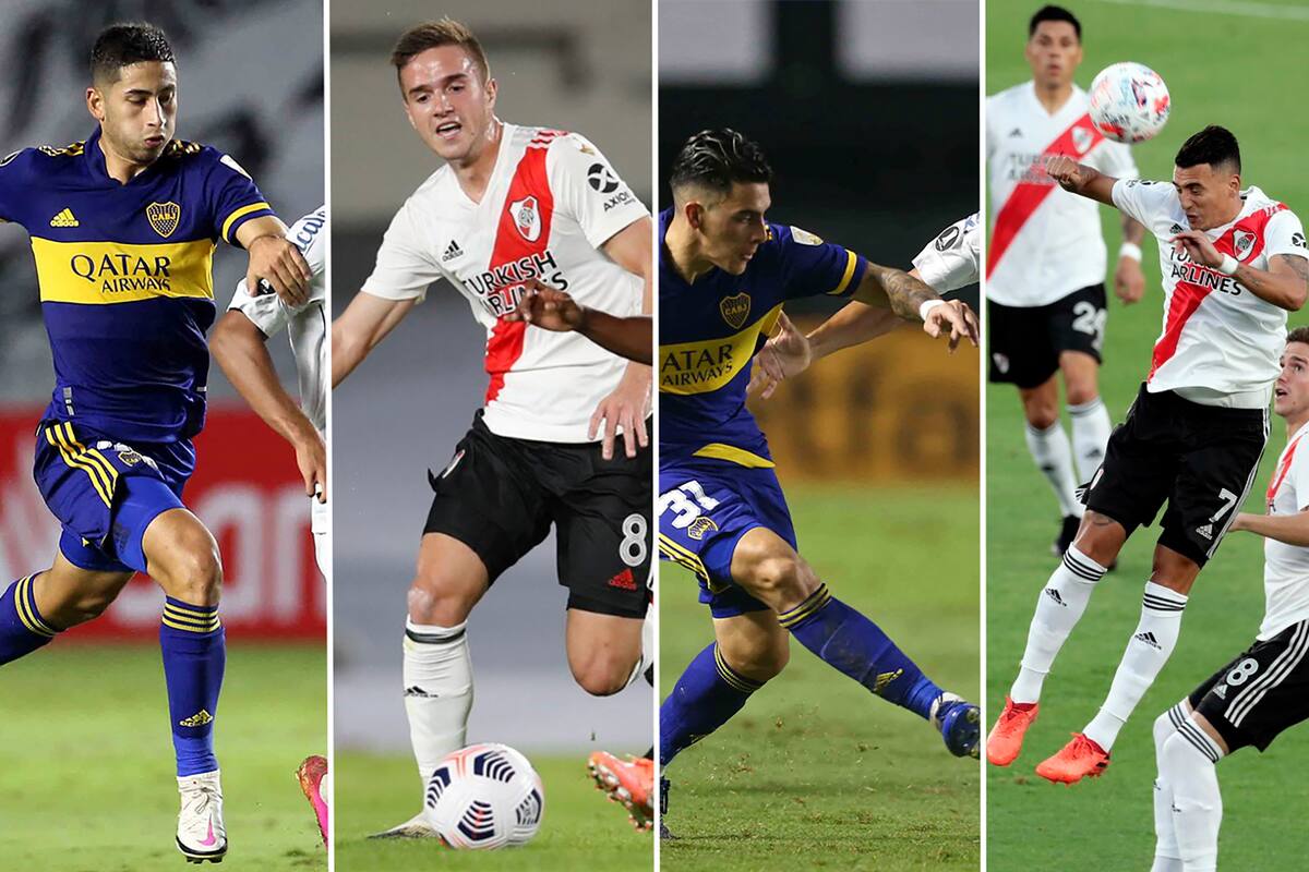 Alan Varela, Agustín Palavecino, Cristian Pavón y Matías Suárez, cuatro jugadores que este domingo vivirán un clásico especial entre Boca y River en la Bombonera, por la Copa de la Liga