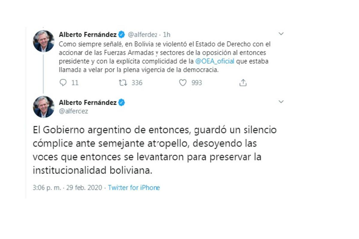 Alberto Fernández cuestionó los resultados que emitió la OEA, donde se estableció que la reelección de Evo Morales era inconstitucional por fraude electoral. Fernández se amparó en un informe del MIT para legitimar a Morales como Presidente constitucional de Bolivia